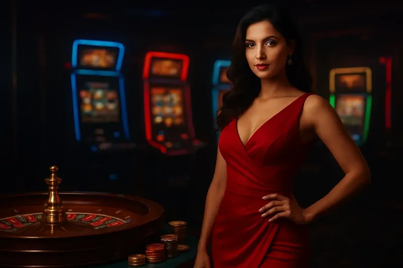 Beautiful woman in red dress posing near roulette and slot machines in luxury Bangladeshi casino with neon lights and gold coins
