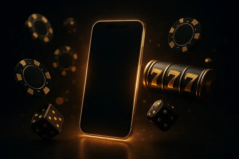 Glowing smartphone surrounded by casino chips, slot reels, and dice on a dark gold-accented background